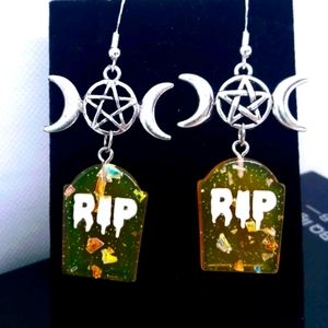 SOLD Triple Goddess Moon RIP Headstone Earrings